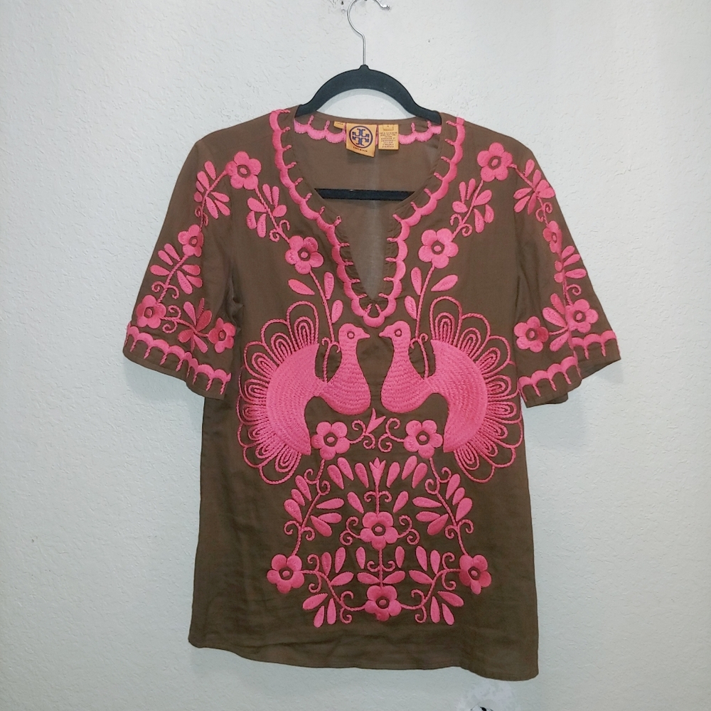 6 Tory Burch Brown & Pink Peacock Embroidered Tunic Top